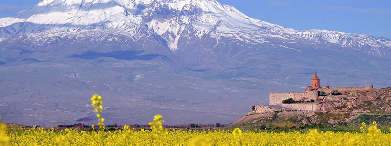 Khor Virap framför berget Ararat i Armenien.